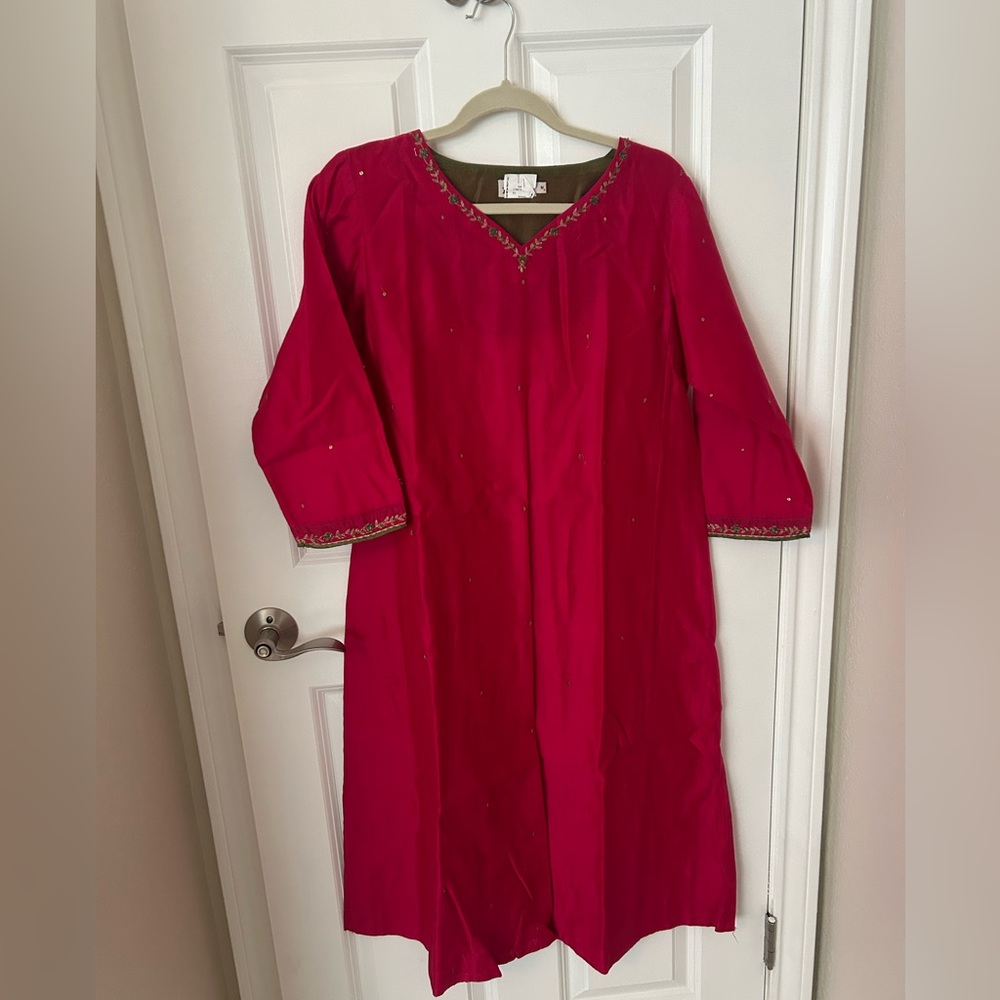 Fab India Elegant Pink Embellished Kurta with Trousers in Medium